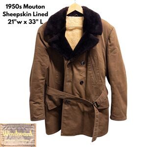 1950s Windward Mouton Collar Mackinaw Coat Belted Canvas Workwear Sheepskin M